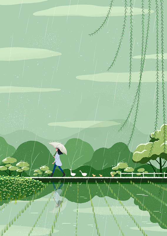 春雨里一个女孩打伞走在绿色的田边图片下载