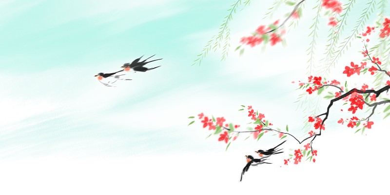 春季江南美景柳树桃花建筑燕子飞来图片下载