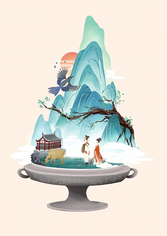 情人节中国风微观场景插画男女在秀丽的山水中相会下载