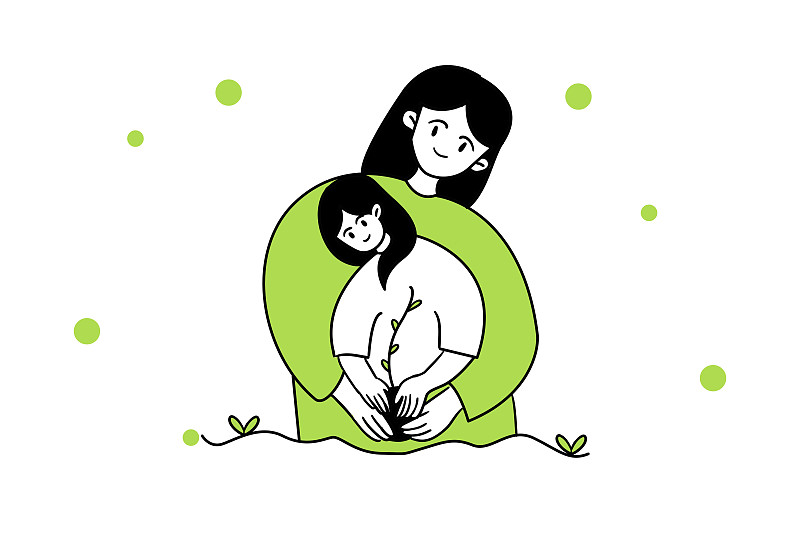 妈妈和女儿一起植树节种树插画配图下载