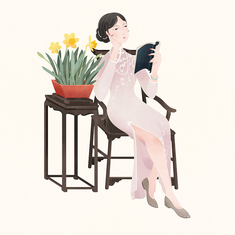 坐在木椅上看书的民国旗袍美人与水仙花盆栽图片下载