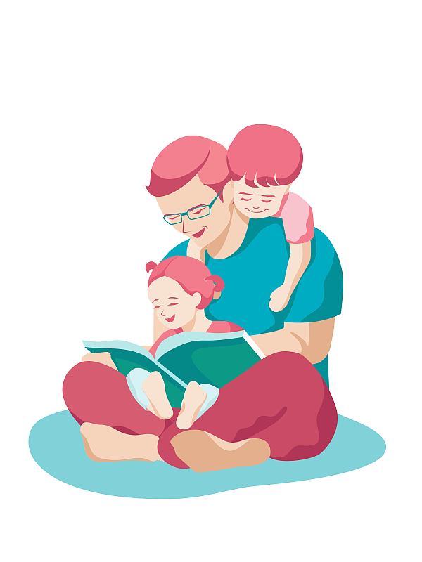 父亲与儿女亲子阅读矢量图下载