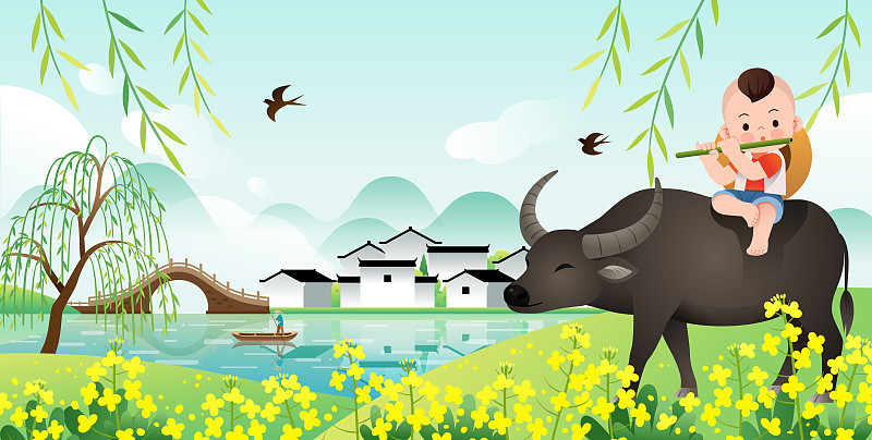 吹笛牧童骑着牛和江南乡村风景图片下载
