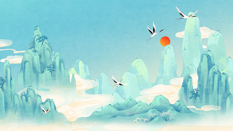 云雾缭绕的青山间飞舞的白鹤与红日国风插画下载