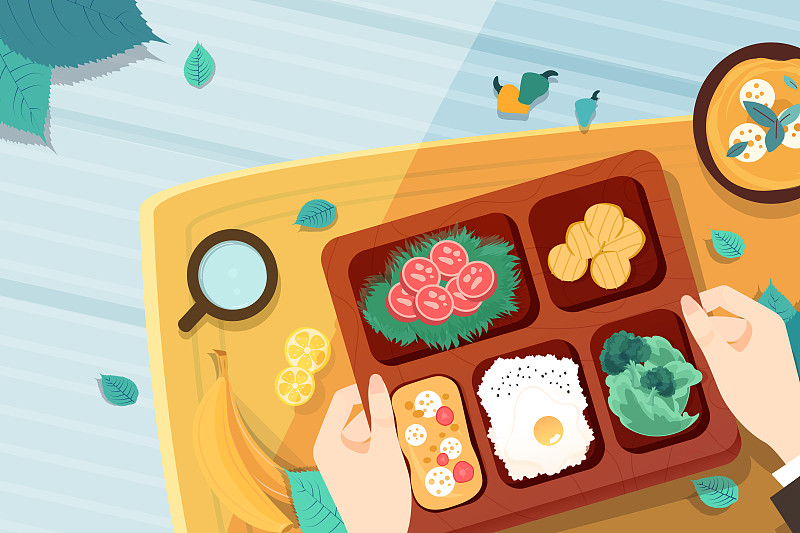 食堂餐盘就餐营养均衡饮食美食健康矢量插画图片