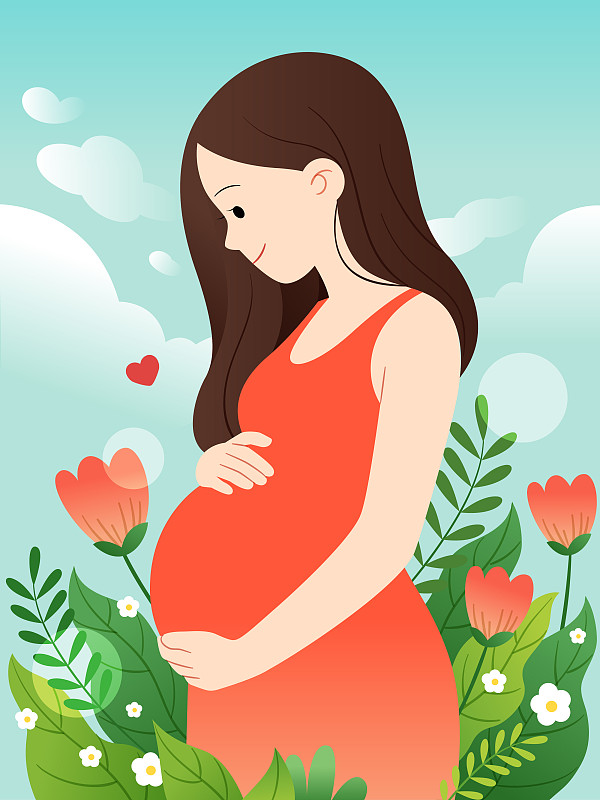 花丛中一个孕妇摸着肚子图片下载