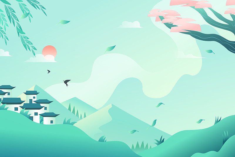 夏季自然风光踏青出游旅行风景中国风矢量插画图片