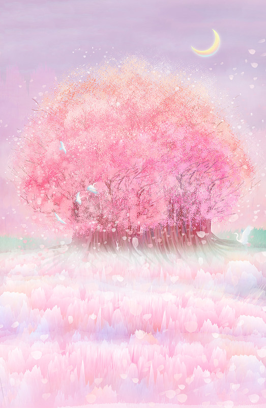 一棵茂盛的樱花树生长在山坡草坪上插画背景图片