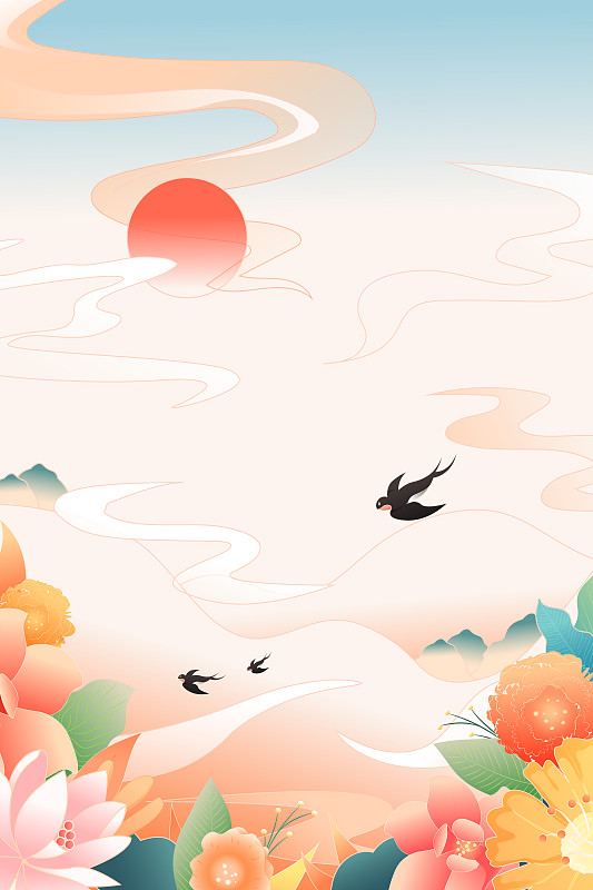 自然风光中国风装饰画传统国风花卉背景矢量插画下载