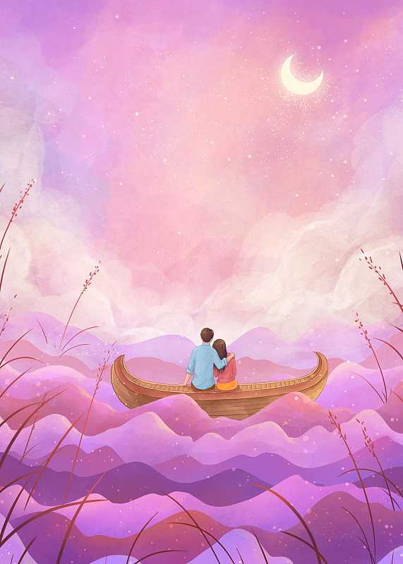 坐在小船上的情侣梦幻情人节插画竖版下载