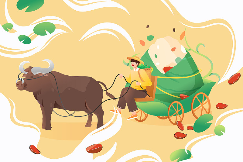 卡通端午节粽子中国风传统节日自然风景渐变矢量插画下载