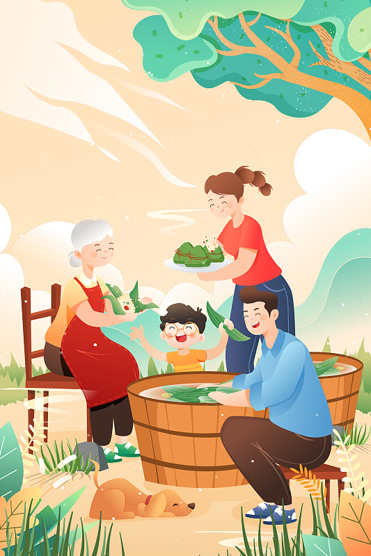 卡通端午节家人团圆包粽子中国风传统节日习俗背景矢量插画下载