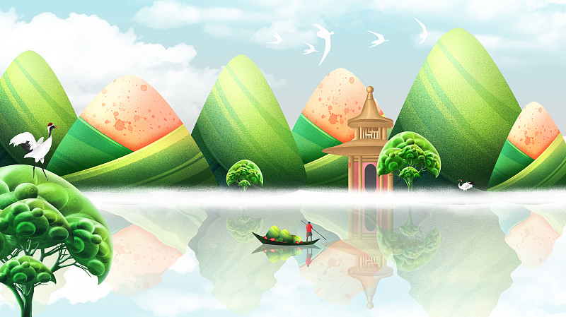 绿色端午节插画巨型粽子山水插画图片
