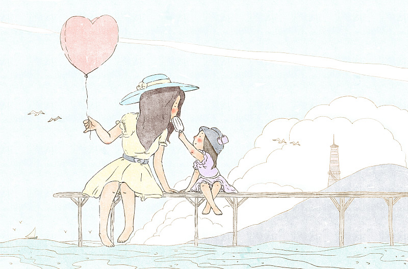 孩子和妈妈在海边度假插画下载