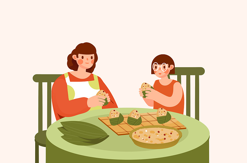 卡通手绘妈妈和女儿包粽子插画下载