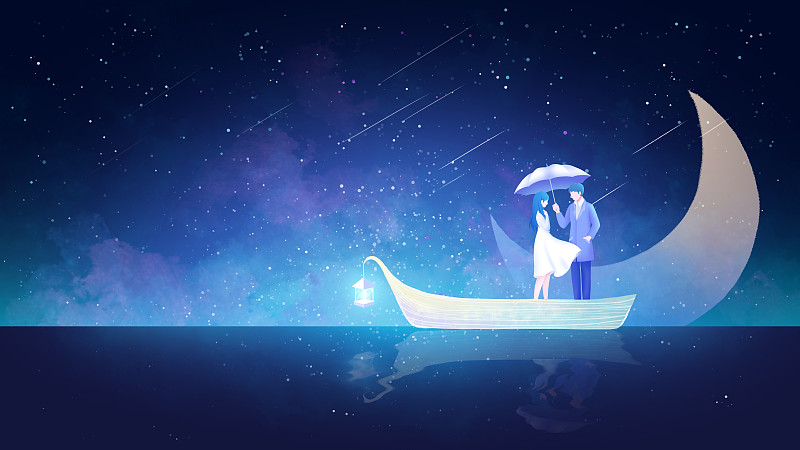 星空下的海面站在船的情侣图片素材