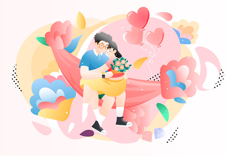 卡通520情人节情侣依偎拥抱在一起浪漫约会矢量插画图片