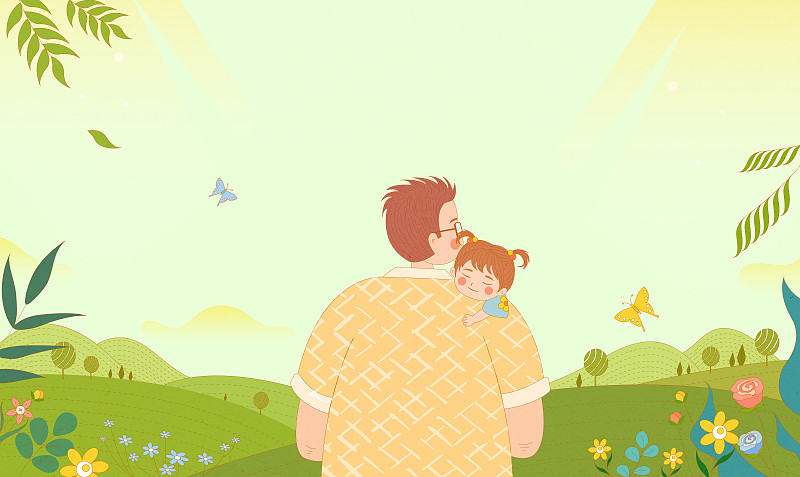 父亲抱着女儿背影在田野上父亲节插画-矢量图片