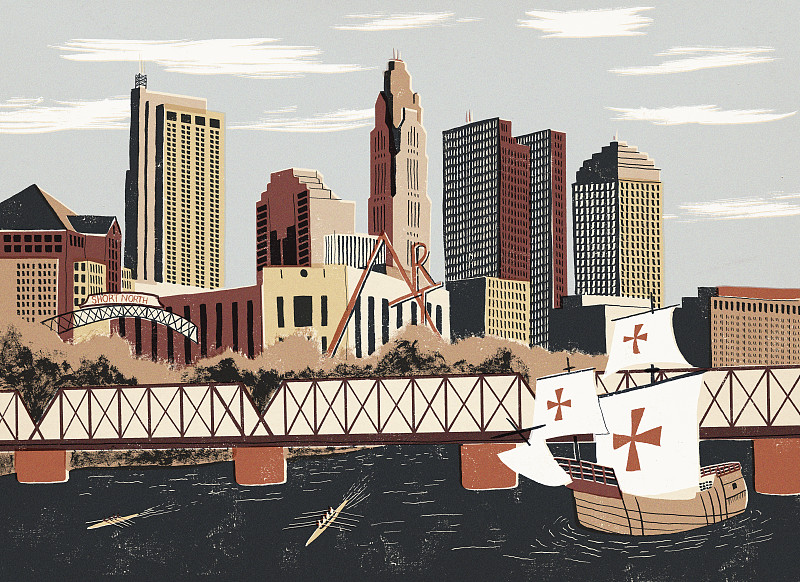 复制的帆船和哥伦布城市景观的插图图片下载