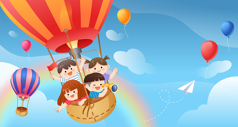 一群儿童乘坐热气球飞行在蓝天上图片素材