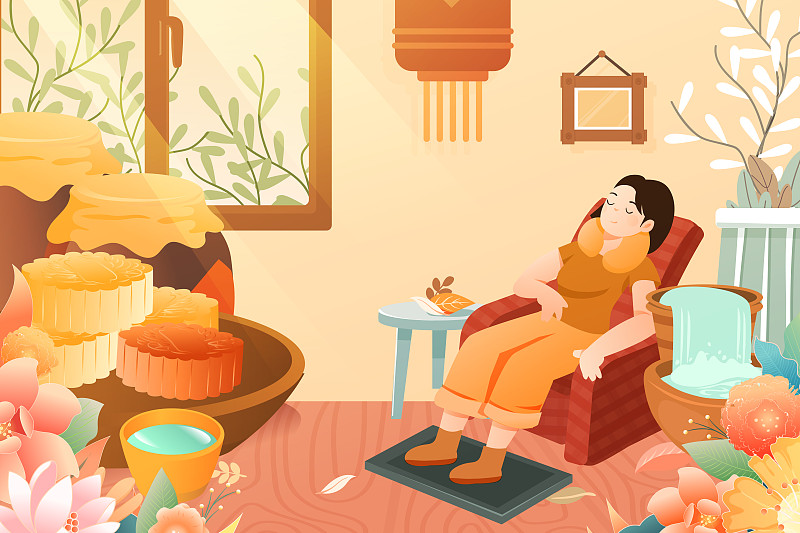 卡通中秋节月饼桂花酒美食活动礼盒中国风背景矢量插画图片