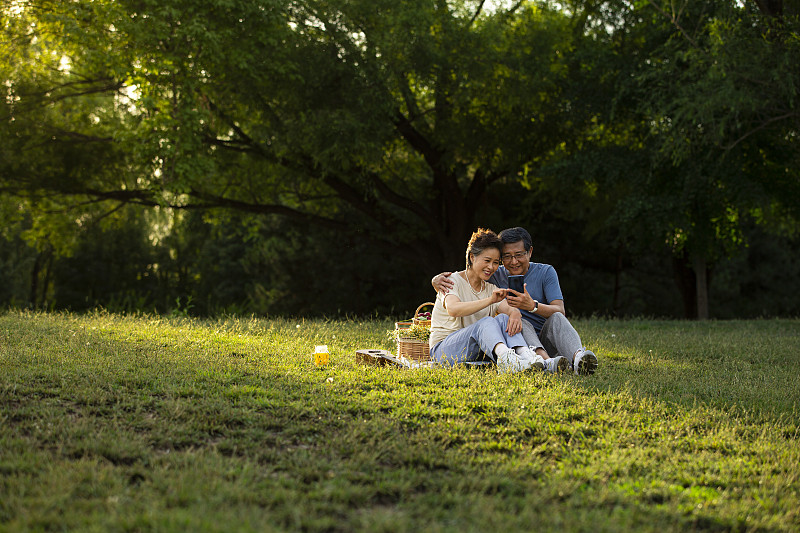 老年夫妻在户外公园野餐使用手机图片素材