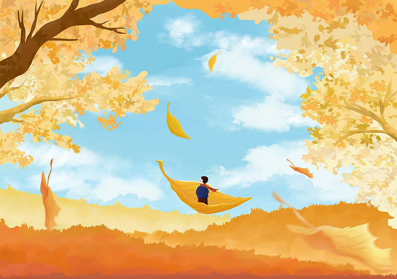 男孩站在飘落的树叶上秋天场景插画图片