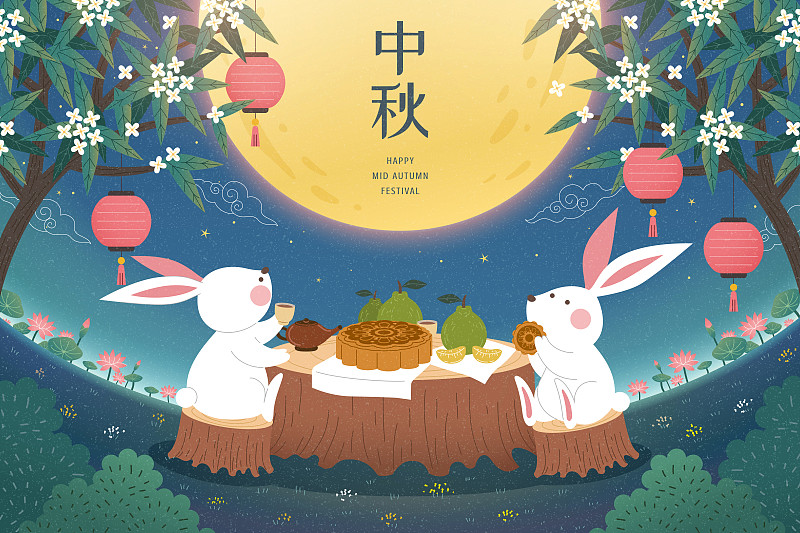 玉兔野餐赏月庆祝中秋节图片下载
