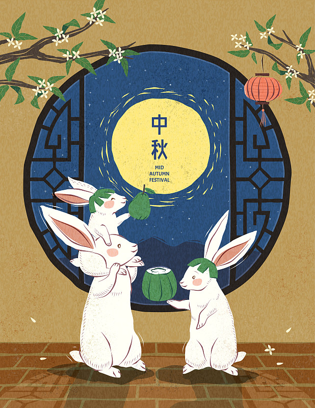 中秋节玉兔团圆吃柚子竖幅图片下载