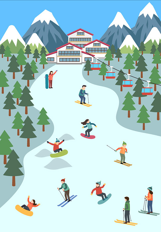 人们在冬季滑雪的生活方式插图图片素材