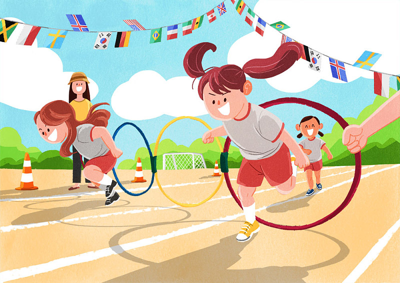 风景插图的孩子通过呼啦圈在跑道上跑图片素材