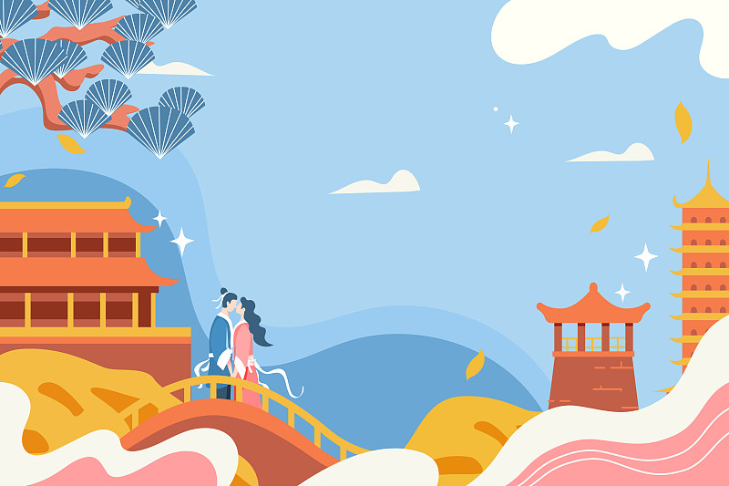 卡通七夕情人节牛郎织女电商促销中国风传统节日古建筑矢量插画下载