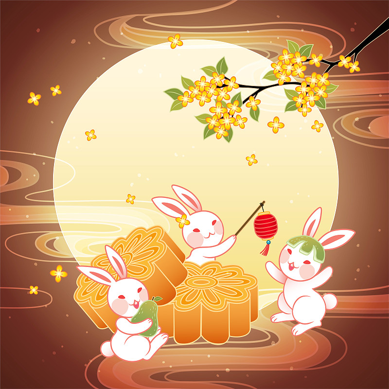 中秋满月玉兔吃月饼插图图片素材