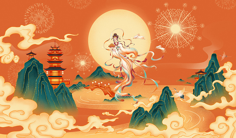 中国风嫦娥奔月创意国潮插画图片