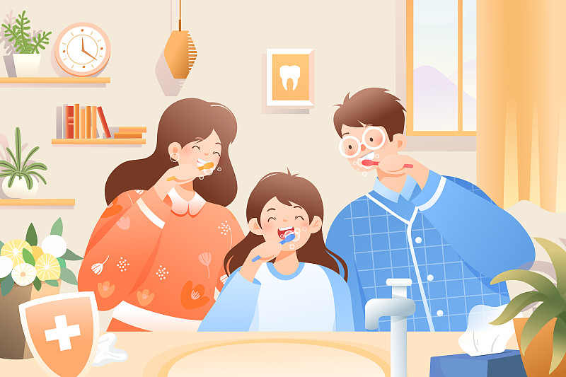 卡通少儿家人亲子牙科牙齿健康世界爱牙日保护牙齿口腔矢量插画图片