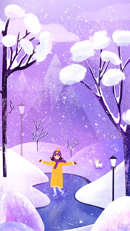 插画冬天女孩滑冰下雪寒冷节气及季节结冰户外图片
