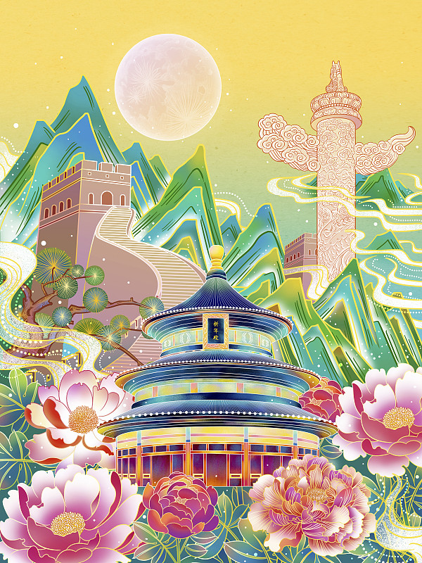 国庆节中秋节国风山水建筑插画图片