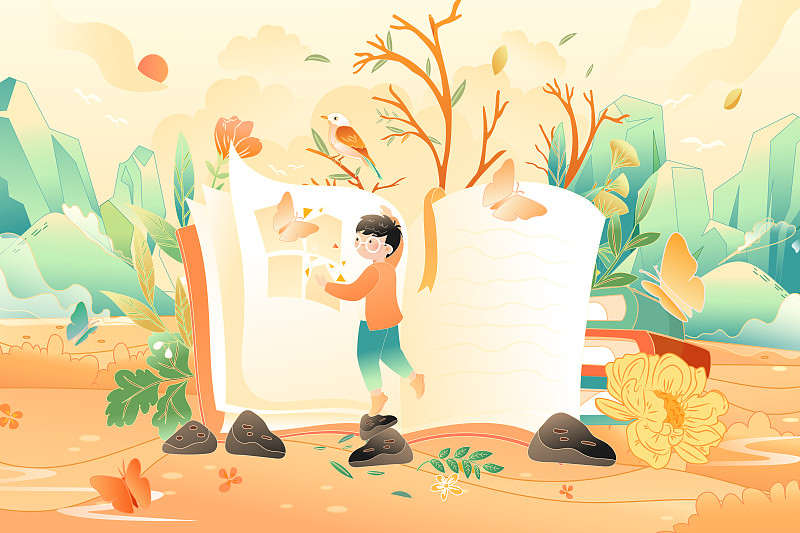 卡通儿童教育学习文学读物开学季新学期秋季自然风景矢量插画图片