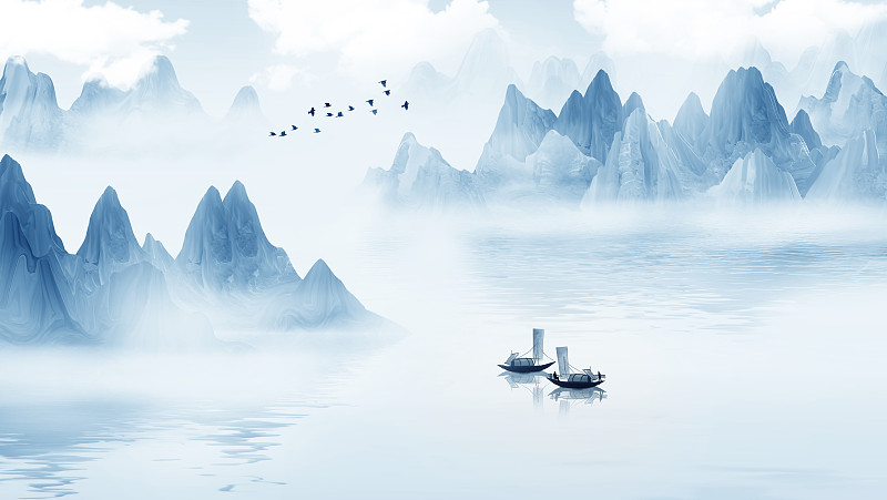 手绘蓝色意境淡雅中式山水画图片素材