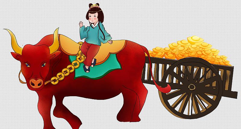 骑在牛背上的古风女孩拉着一车金元宝图片素材