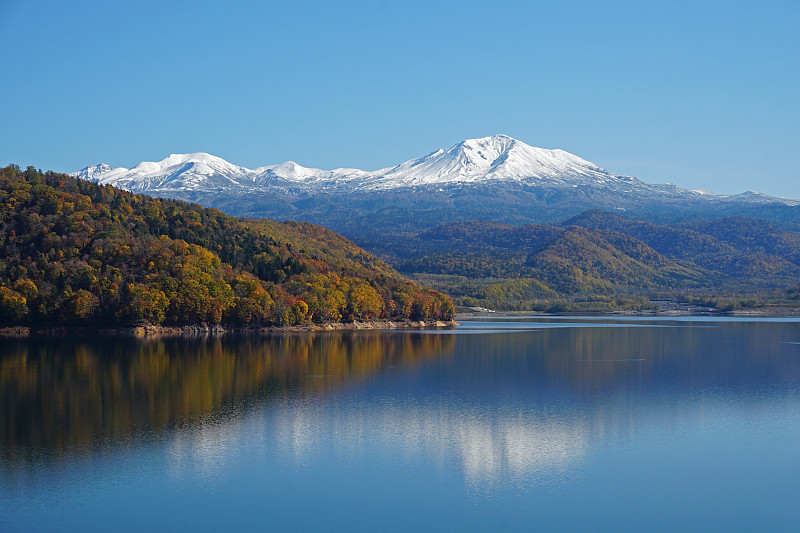 湖和山的风景与清澈的蓝天，朝川，日本图片下载