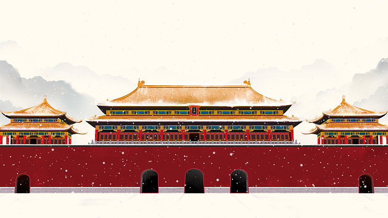 唯美故宫雪景中国风手绘水墨画图片素材