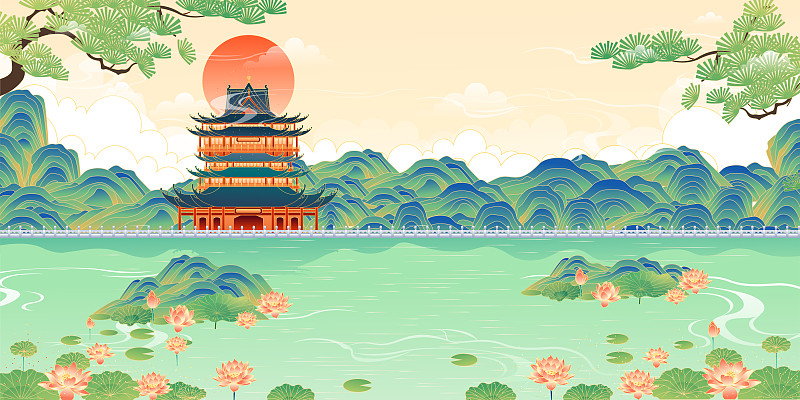 苏州阳澄湖的美丽风景矢量插画图片