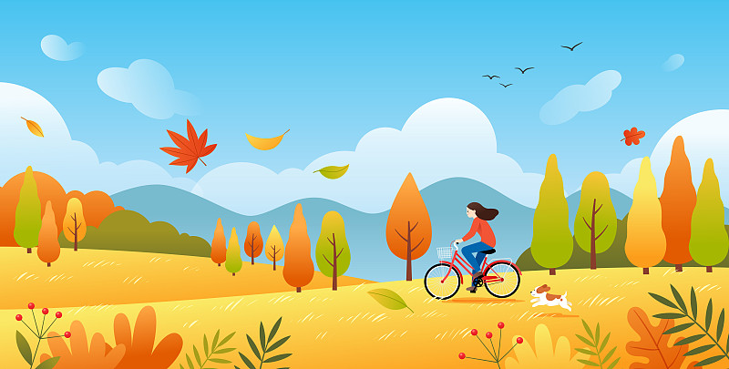 秋天一个女孩在户外骑自行车图片下载