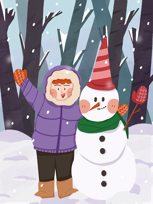女孩与雪人插画图片