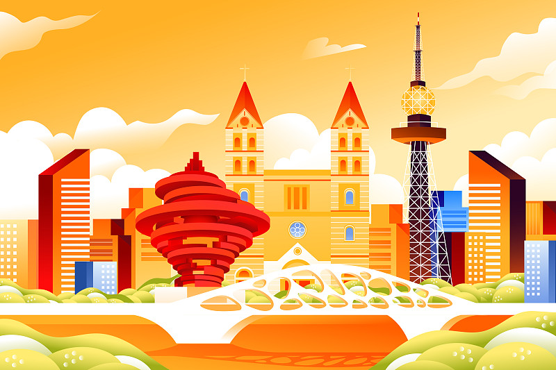卡通中国山东青岛城市建筑风景旅游旅行出游标志性地标矢量插画图片