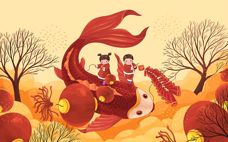 新年红色锦鲤与儿童插画2下载