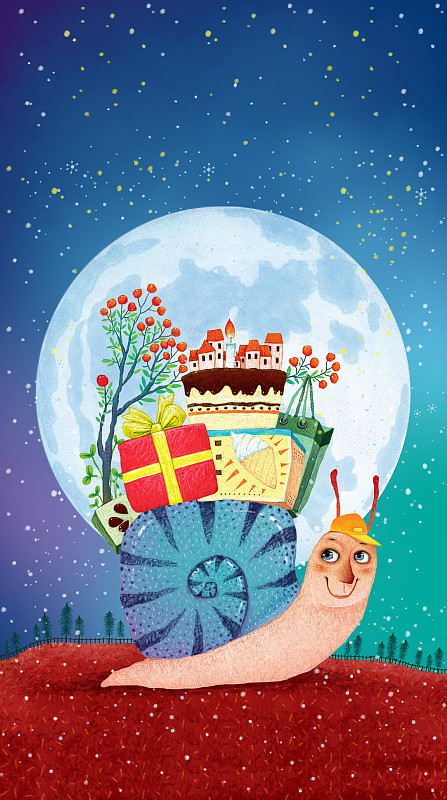 新年元素春节元素插画-蜗牛拖着礼物图片