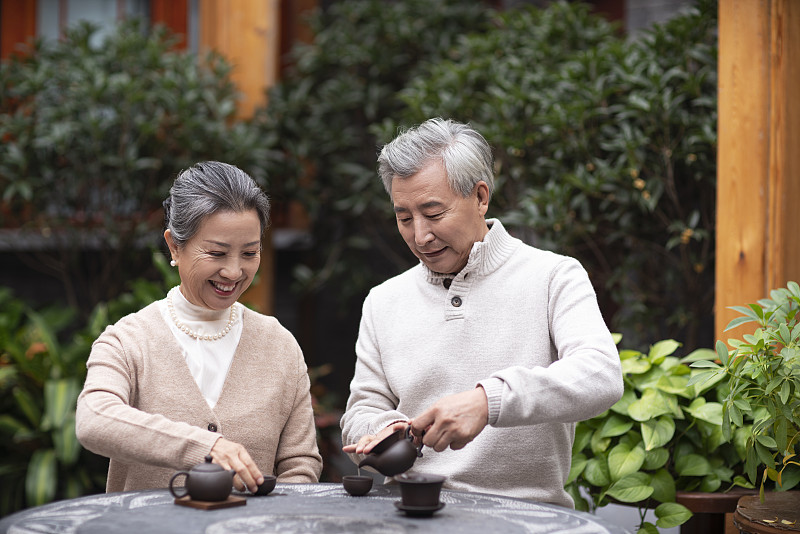 老年夫妇在院子喝茶聊天图片下载
