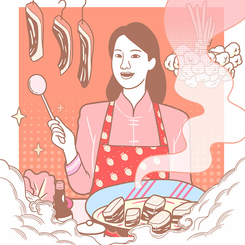 方粉红少女系年俗画-炖年肉图片素材